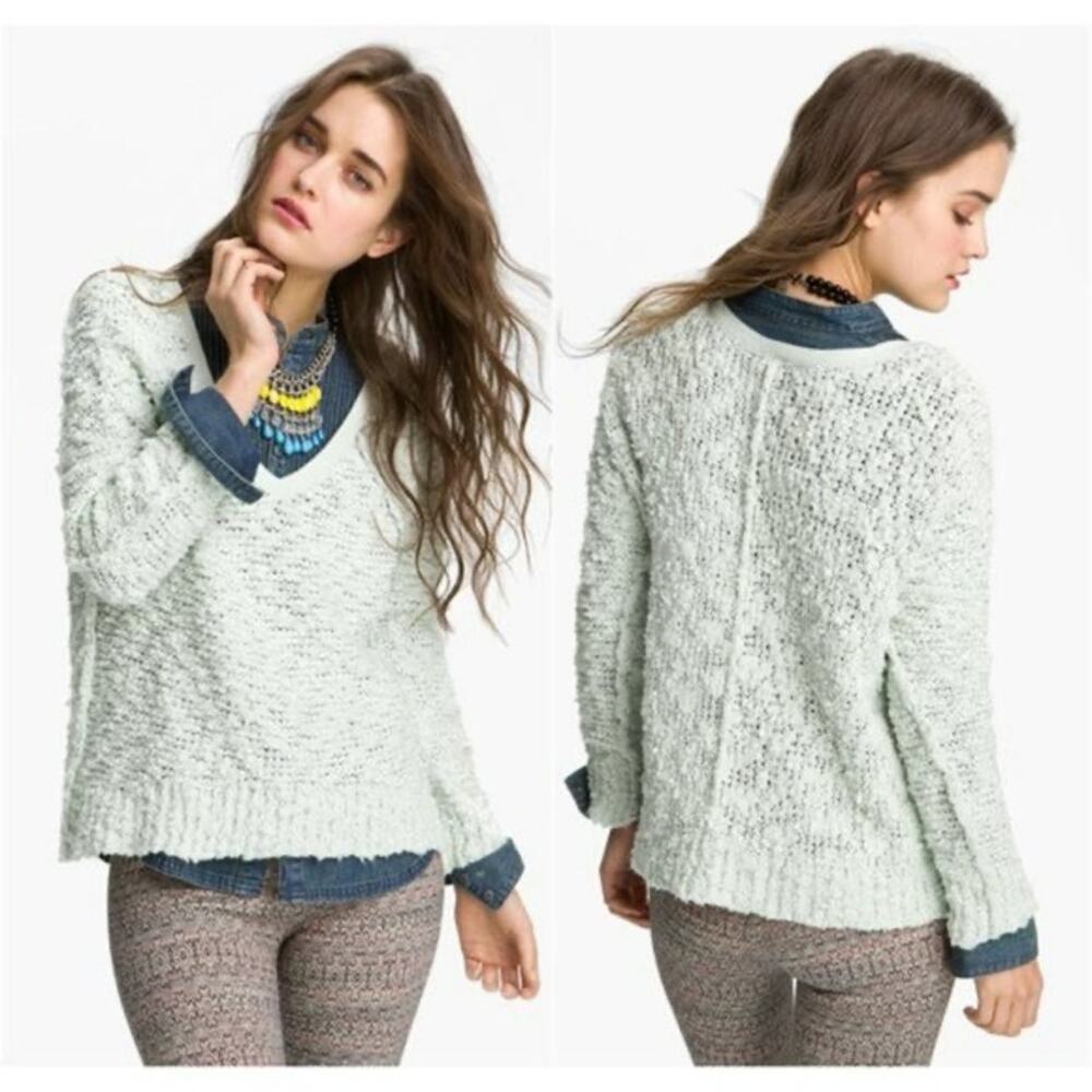 Free People Songbird Shaggy Knit Pullover Sweater Chunky Oversize Medium Seafoam